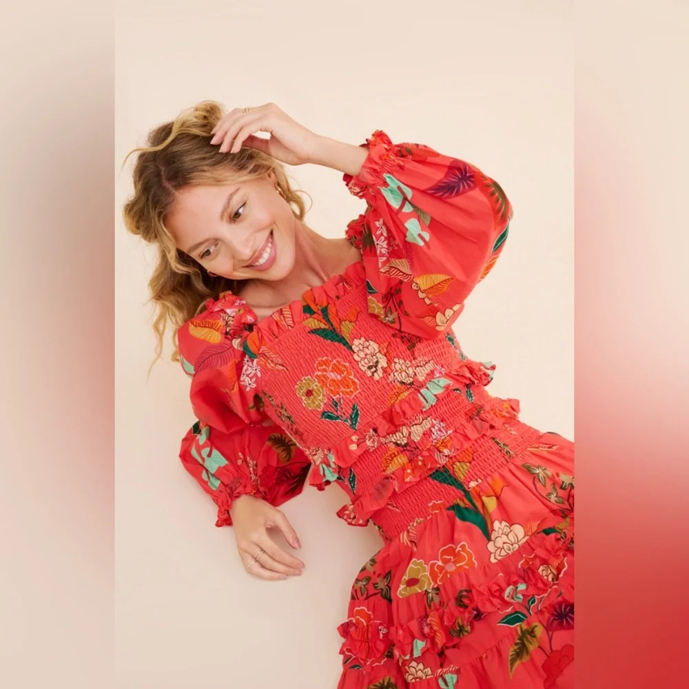 Farm Rio Long-Sleeve Square-Neck Smocked Ruffle Mini Dress - Picture 3 of 4